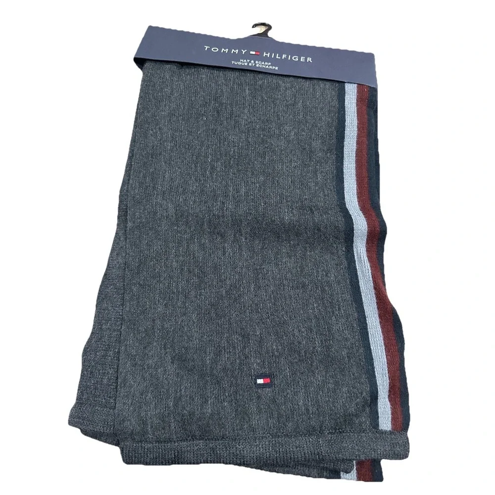 TOMMY HILFIGER Men's SCARF Jacquard NEW‎ GRAY RED 72